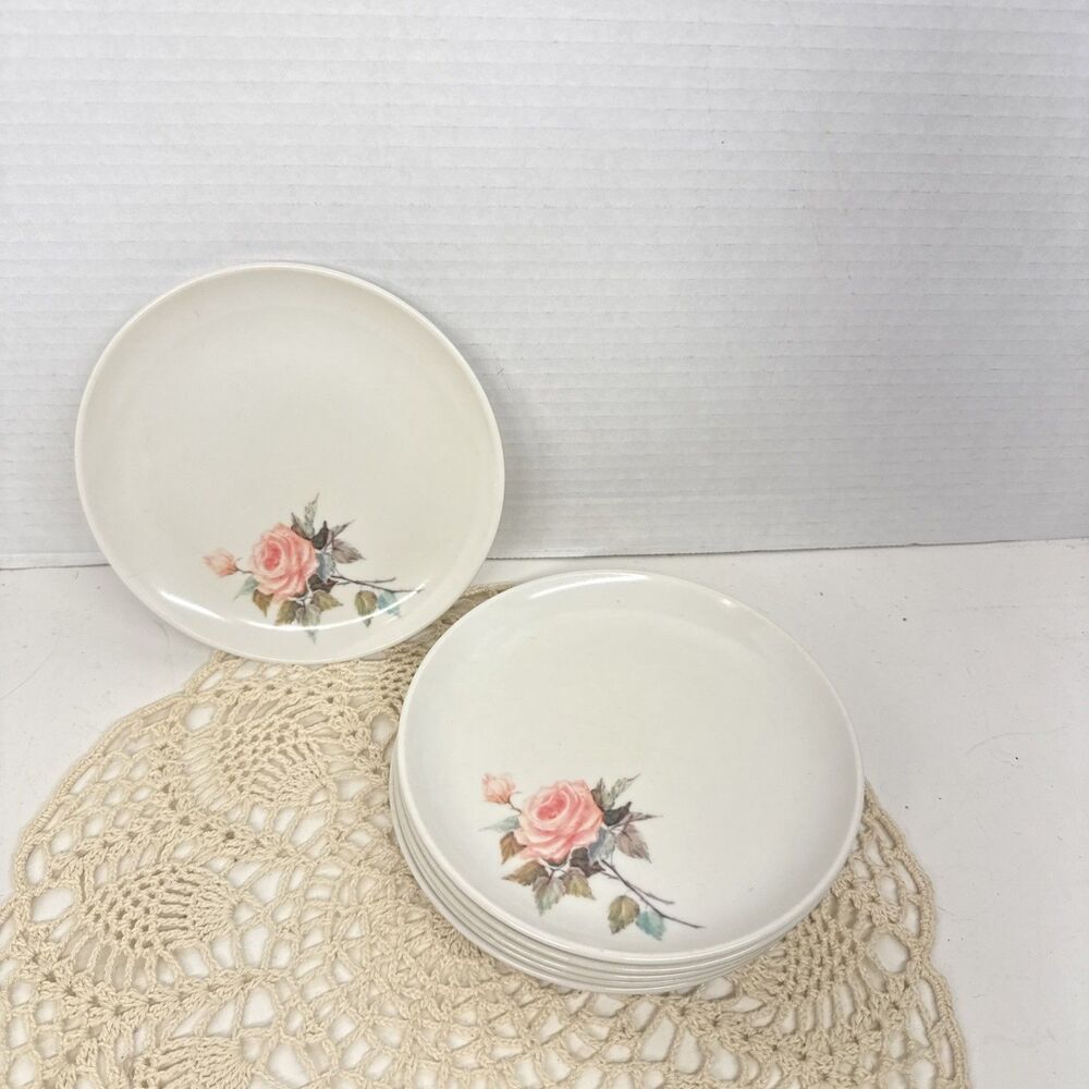 Brookpark Only A Rose Melamine Melmac 6” Dessert Plates Set of 6 White Pink VTG